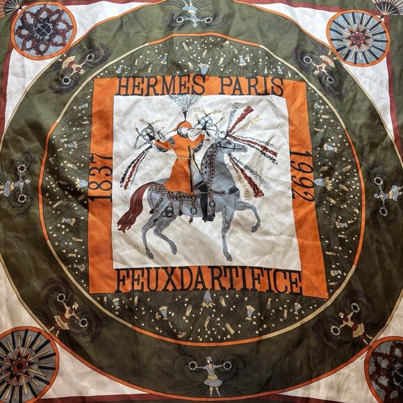 VINTAGE HERMES FEUX D’ARTIFICE FIREWORKS Green SILK SCARF WRAP 1937-1990 34X34 - Picture 2 of 5